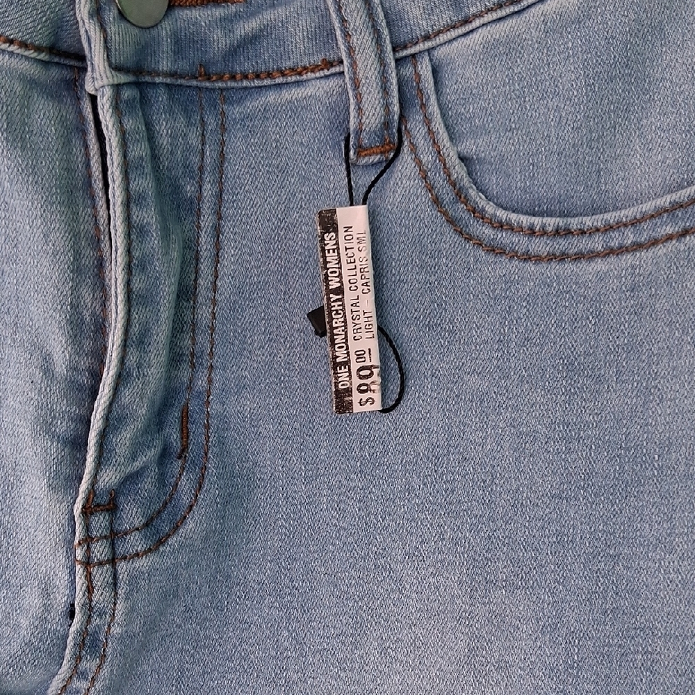 Jolie Light Blue Cropped Jeans with Rhinestone Hem - Picture 3 of 7